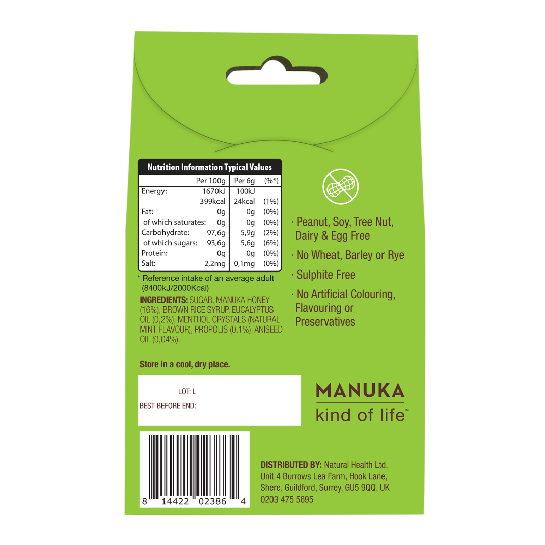 Wedderspoon Manuka honey drops eucalyptus throat lozenges green back packaging showing nutrition panel and ingredients