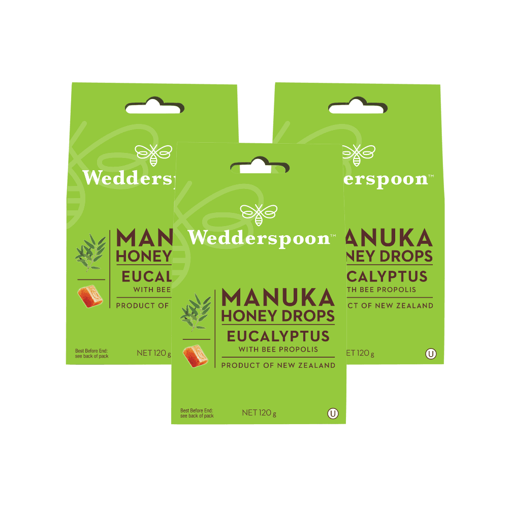 Wedderspoon Manuka honey drops eucalyptus throat lozenges three green retail boxes eucalyptus flavour with bee propolis
