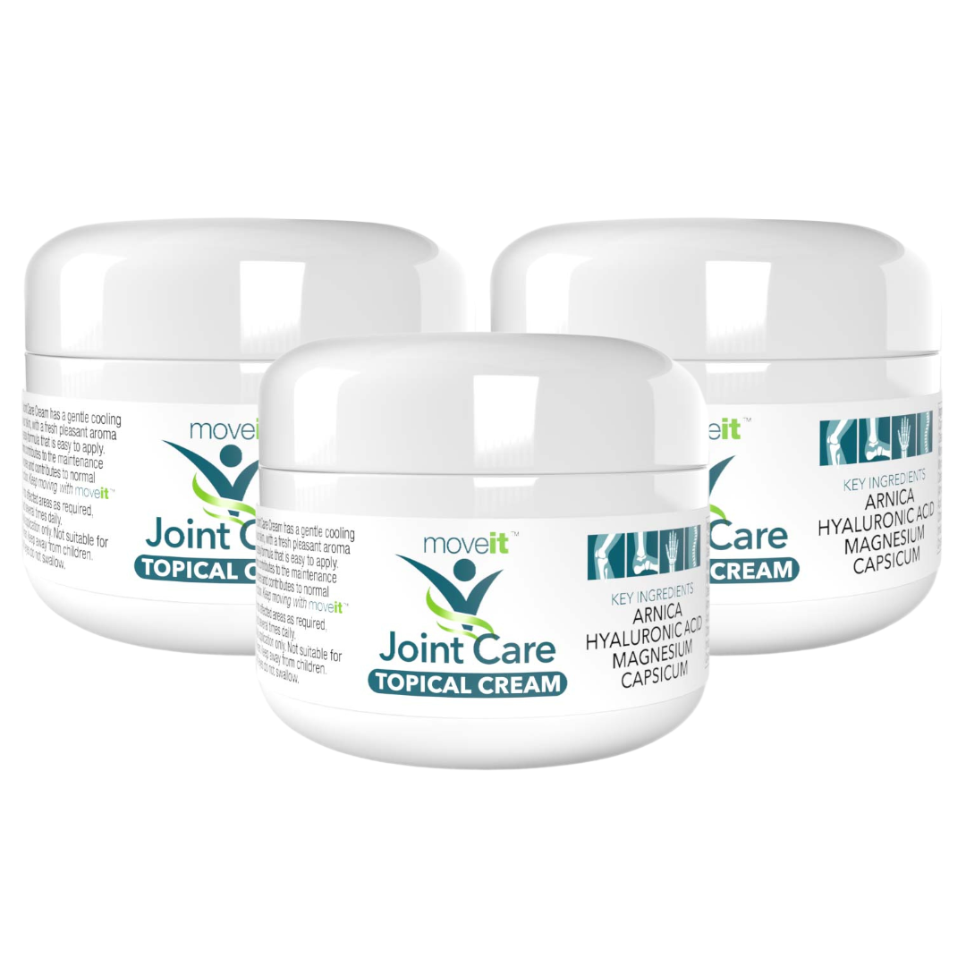 Natural Health World UK Moveit Joint Care topical cream jars displaying joint care cream for pain relief and natural ingredients