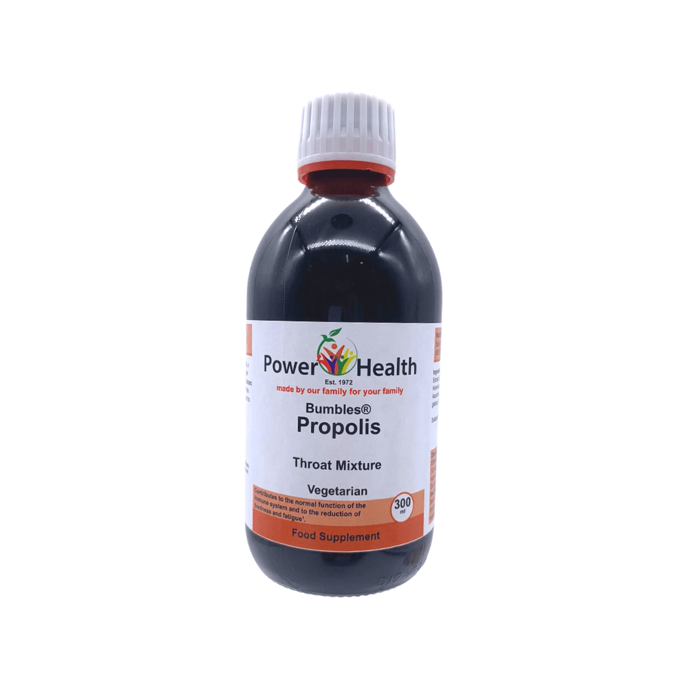 Power Health propolis throat mixture bottle with white cap and labelled vegetarian throat remedy