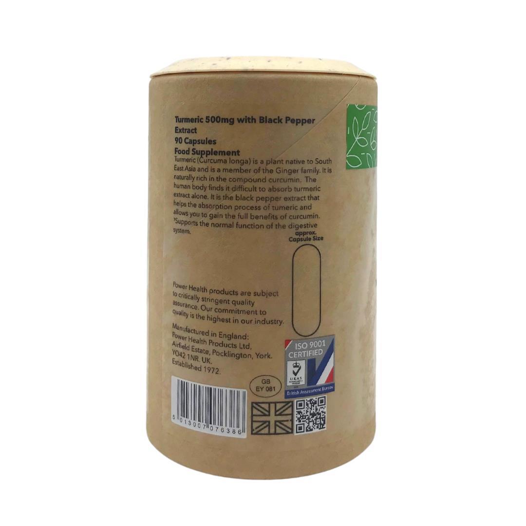 Power Health turmeric capsules with black pepper in a brown cardboard jar showing product label and barcode