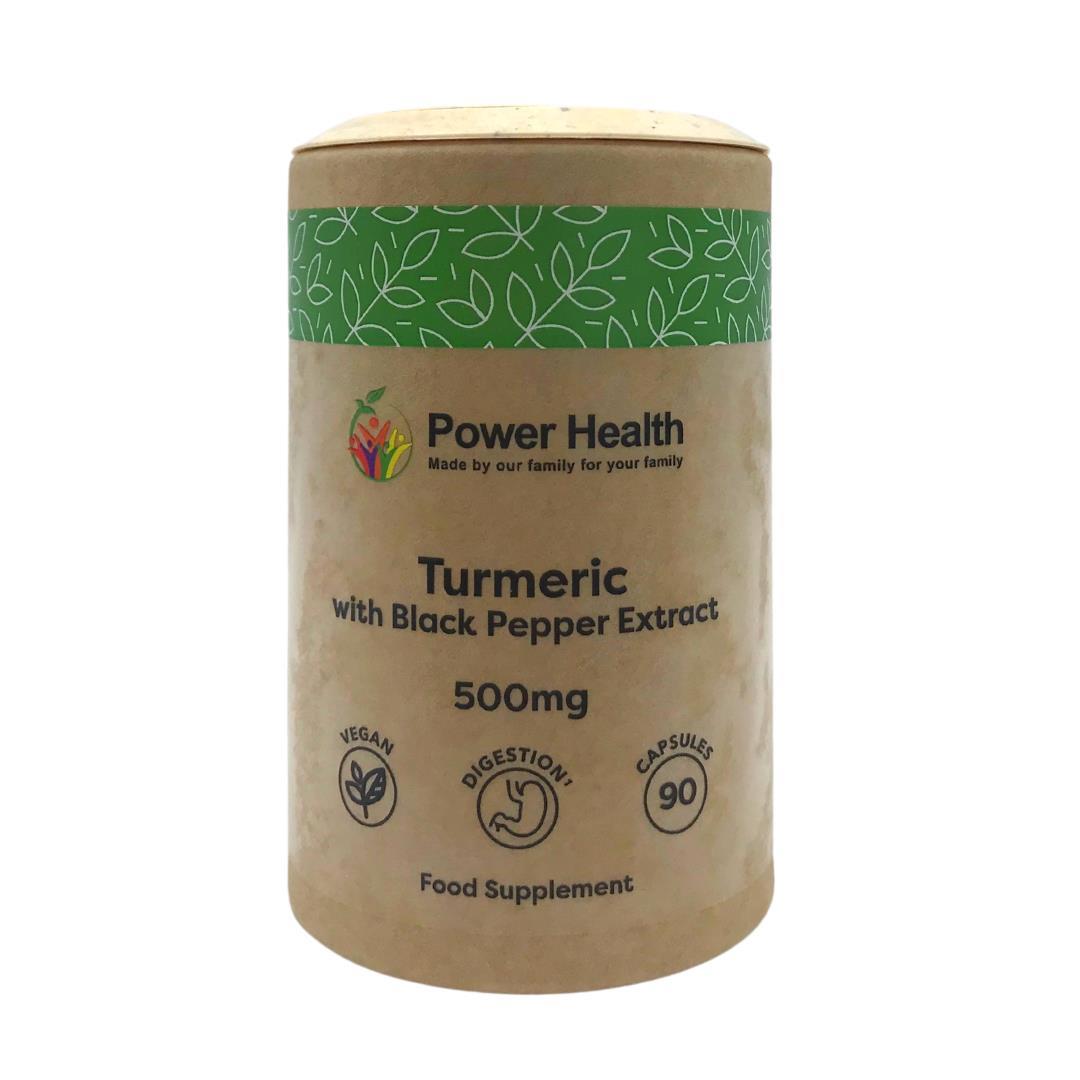 Power Health cardboard tube of turmeric capsules with black pepper 500mg 90 vegan digestion food supplement