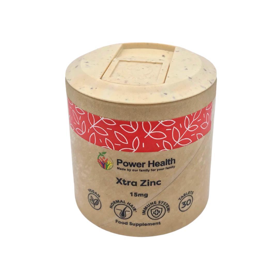 Power Health Xtra Zinc 15mg cardboard jar with red leaf band and 30 tablet label zinc tablets 15mg UK