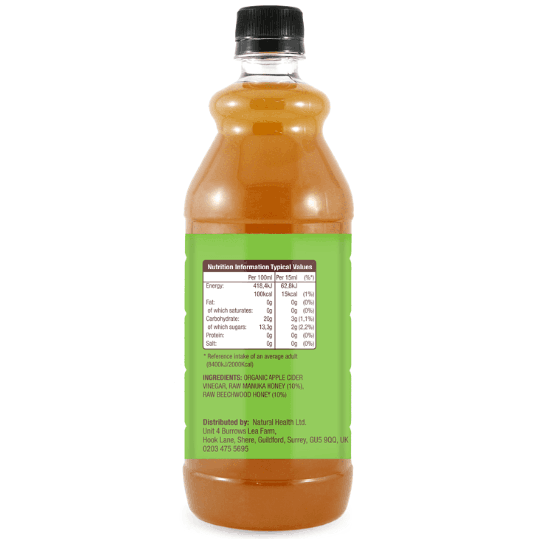 Wedderspoon Apple Cider Vinegar with Manuka Honey 750ml Triple Pack bottle showing nutritional information on green label