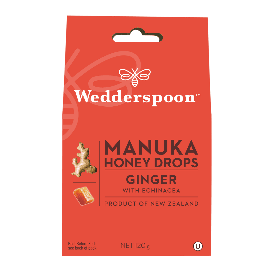 Wedderspoon Manuka honey drops with ginger throat lozenges red pouch with ginger image 120g