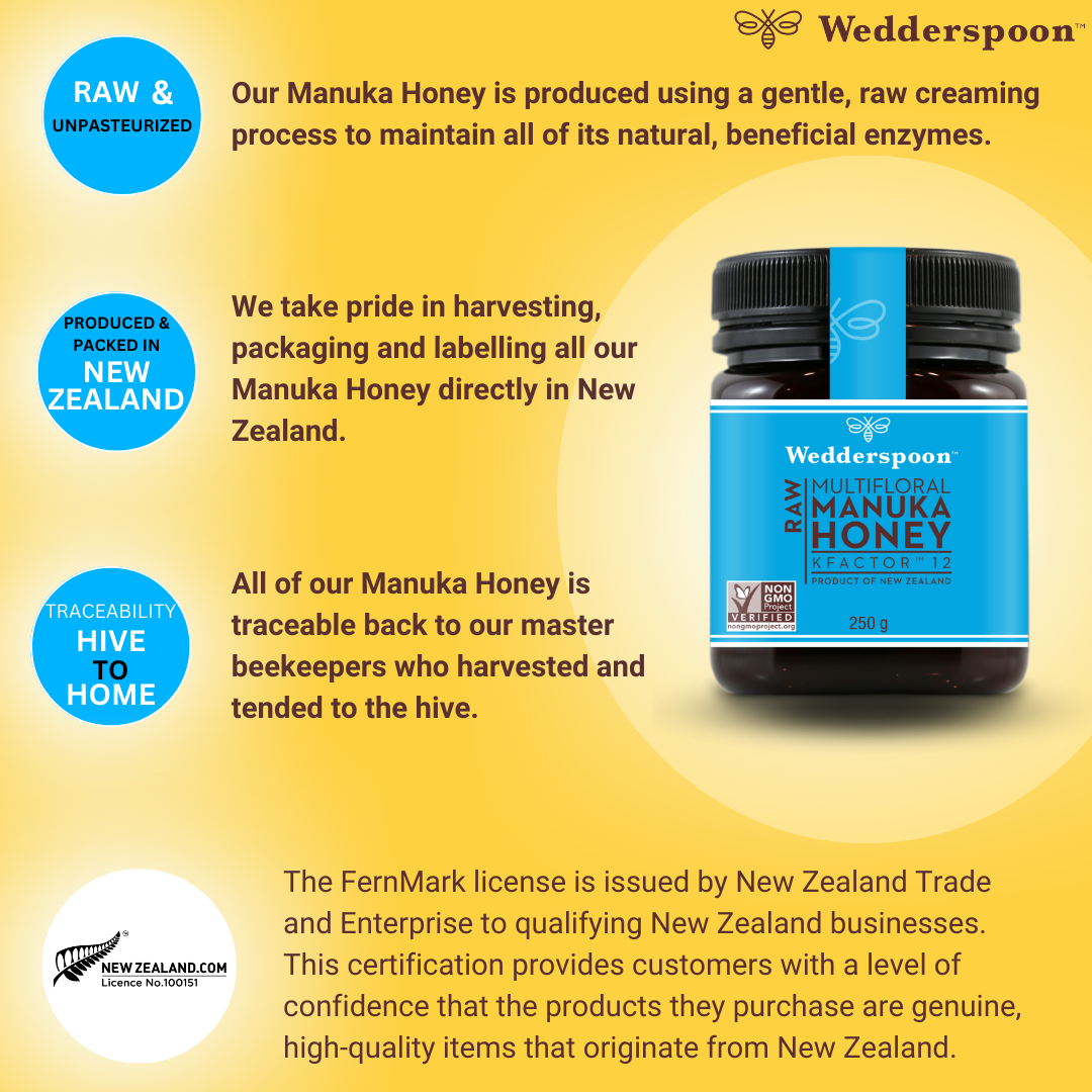 Wedderspoon raw manuka honey 250g kfactor 12 jar with natural, unpasteurized, and traceable honey from New Zealand