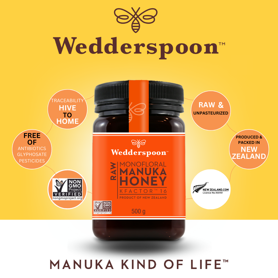 Wedderspoon jar of raw Manuka honey KFactor 16 500g with New Zealand origin and non-GMO label