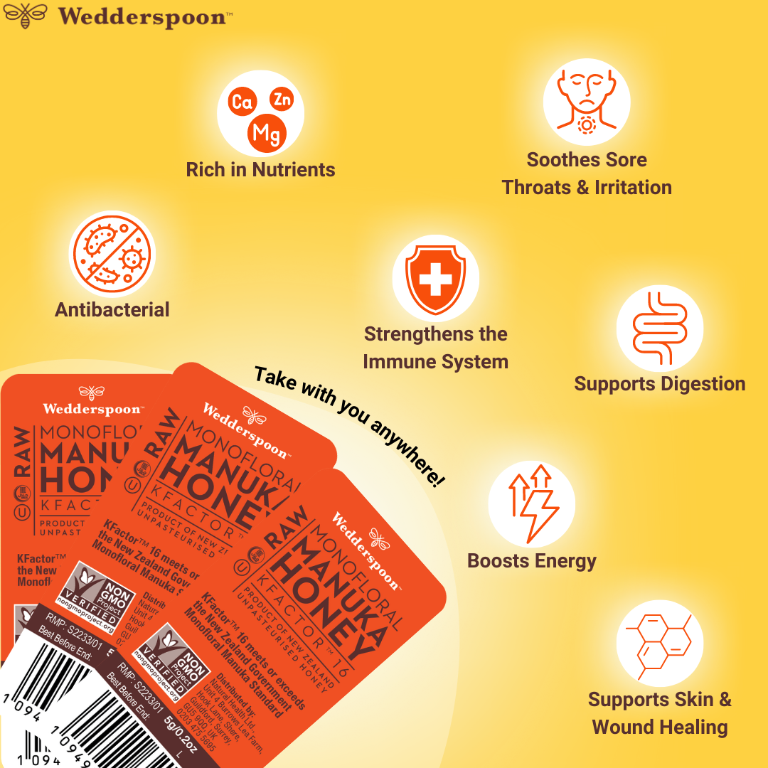 Wedderspoon raw Manuka honey travel sachets rich in nutrients and antibacterial with immune support benefits