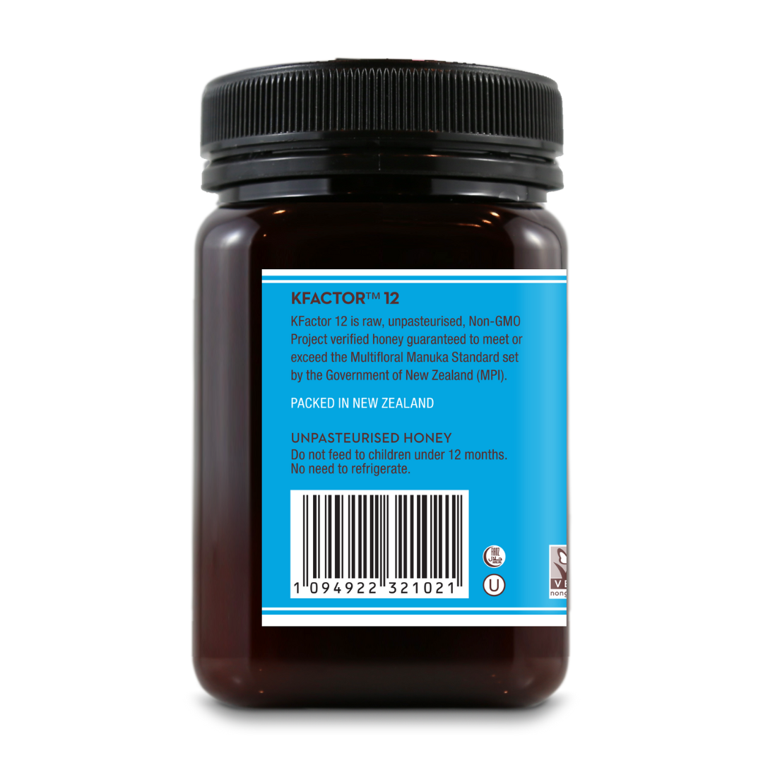 Wedderspoon KFactor 12 honey jar showing blue label with product information and barcode
