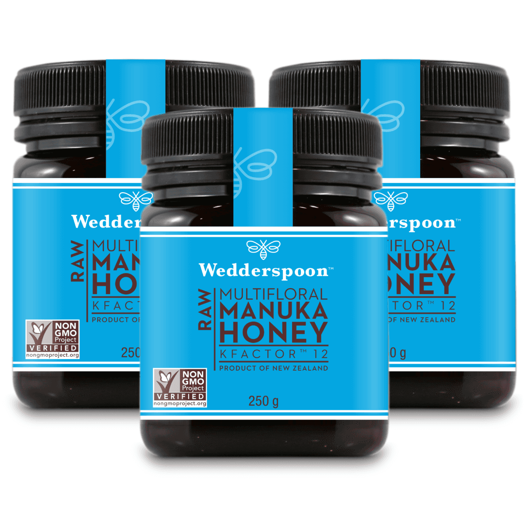 Wedderspoon Raw Manuka Honey KFactor 12 250g Triple pack in blue labelled jars from New Zealand