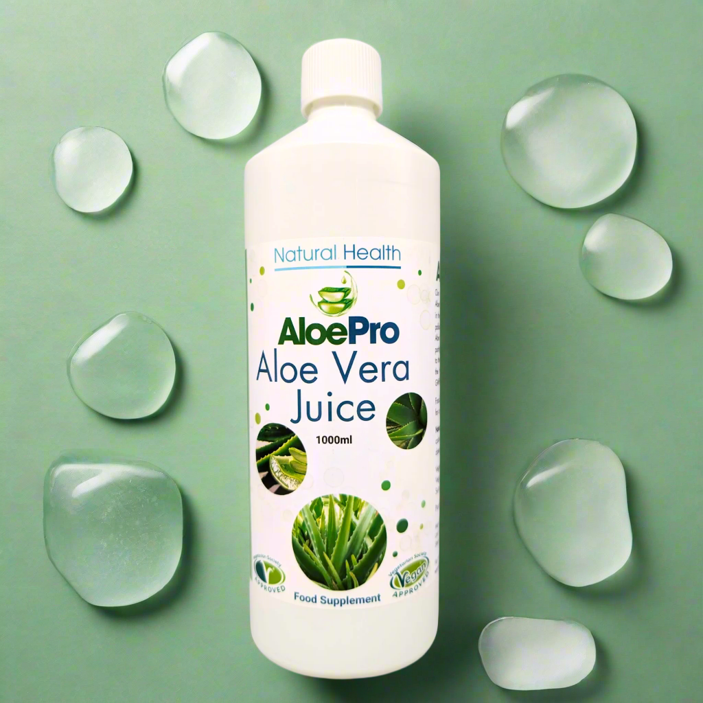 Bottle of AloePro Aloe Vera Juice on a white background