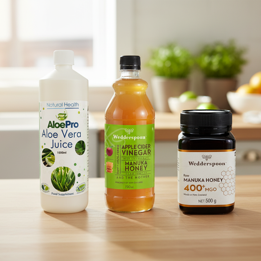 Three health products on a kitchen counter: Aloe Pro Aloe Vera Juice, Widderpoon Apple Cider Vinegar, and Widderpoon Manuka Honey.