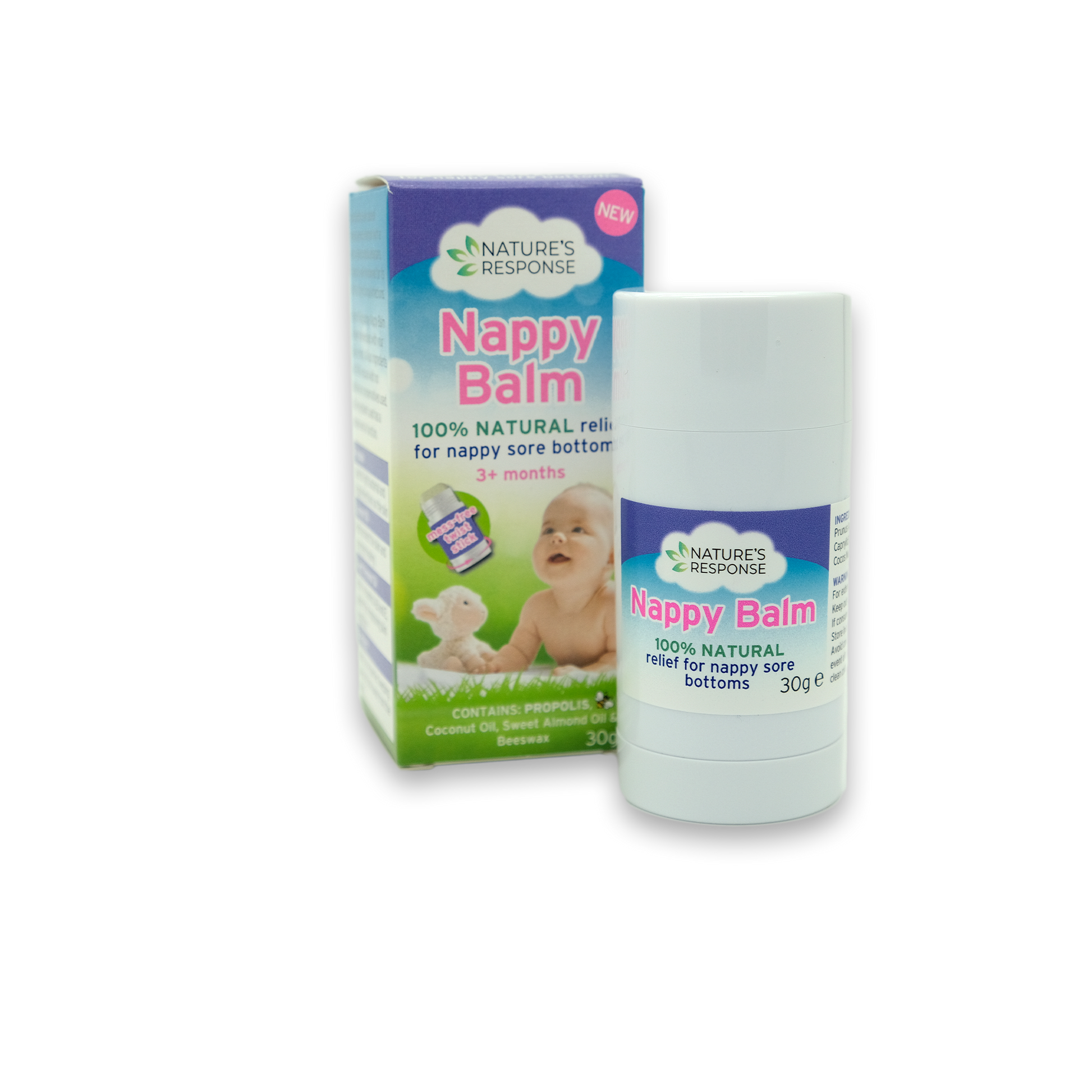 Nappy Balm packaging with a stick and box on a white background