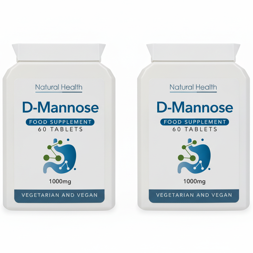 Two bottles of Natural Health D-Mannose tablets on a white background