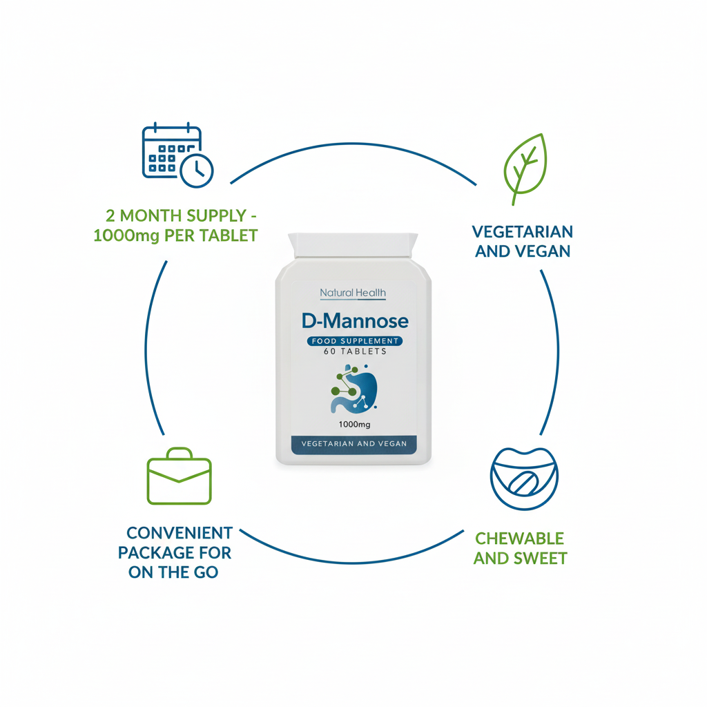 D-Mannose 1000mg Tablets | 60 Tablets | Pure D Mannose Supplement | Chewable | Vegan | 2 Month Supply | Made in the UK