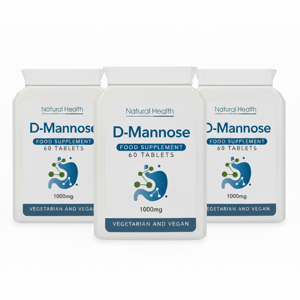 Three packs of Natural Health D-Mannose food supplement on a white background
