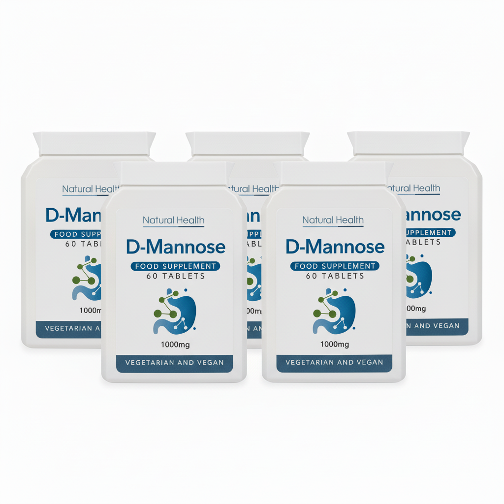 Five Pots of D-Mannose food supplement on a white background