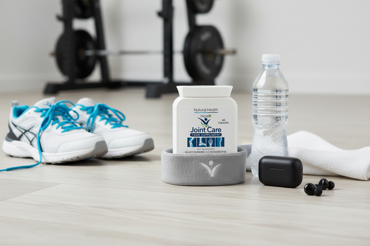 Bottle of Natural Health Joint Care supplement with turmeric roots on a wooden surface