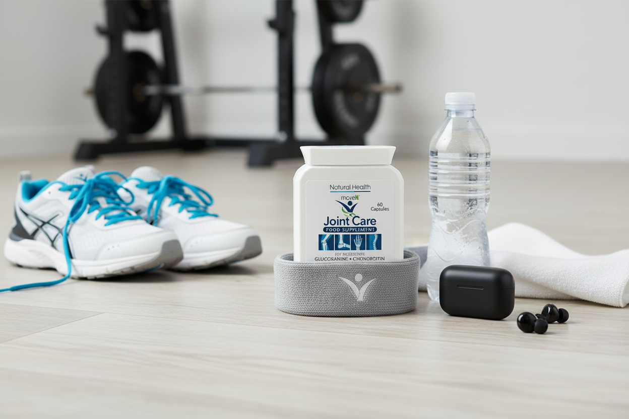 Bottle of Natural Health Joint Care supplement with turmeric roots on a wooden surface