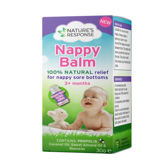 Box of Nature's Response Nappy Balm with a baby illustration on a white background