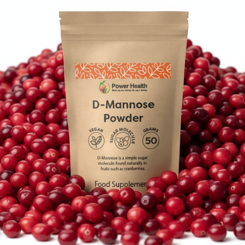 Power Health D-Mannose Powder package surrounded by cranberries on a white background
