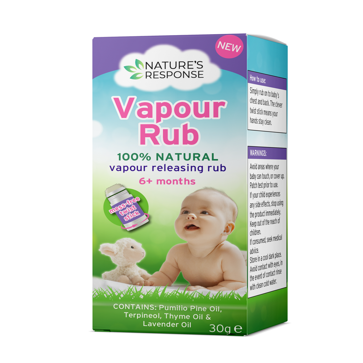 Box of Nature&#39;s Response Vapour Rub for babies with a baby illustration on a white background.