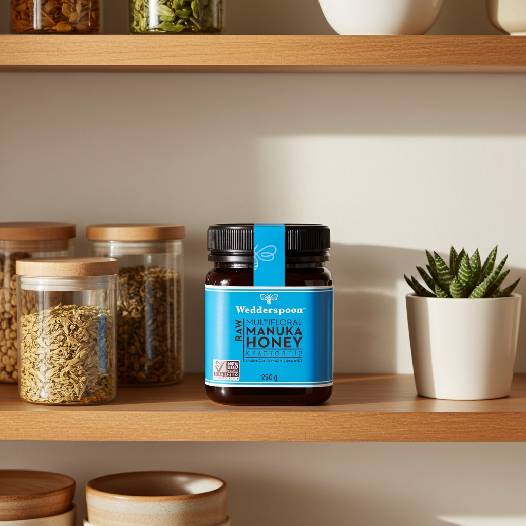 Wedderspoon raw manuka honey 250g kfactor 12 in a dark jar with blue label and black lid