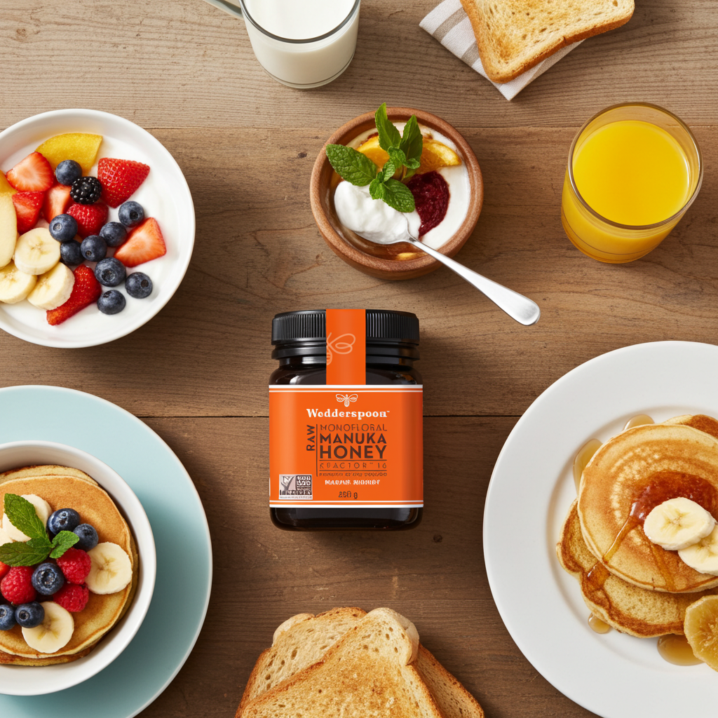Wedderspoon raw Manuka honey KFactor 16+ 250g jar with orange label and black lid, New Zealand monofloral honey