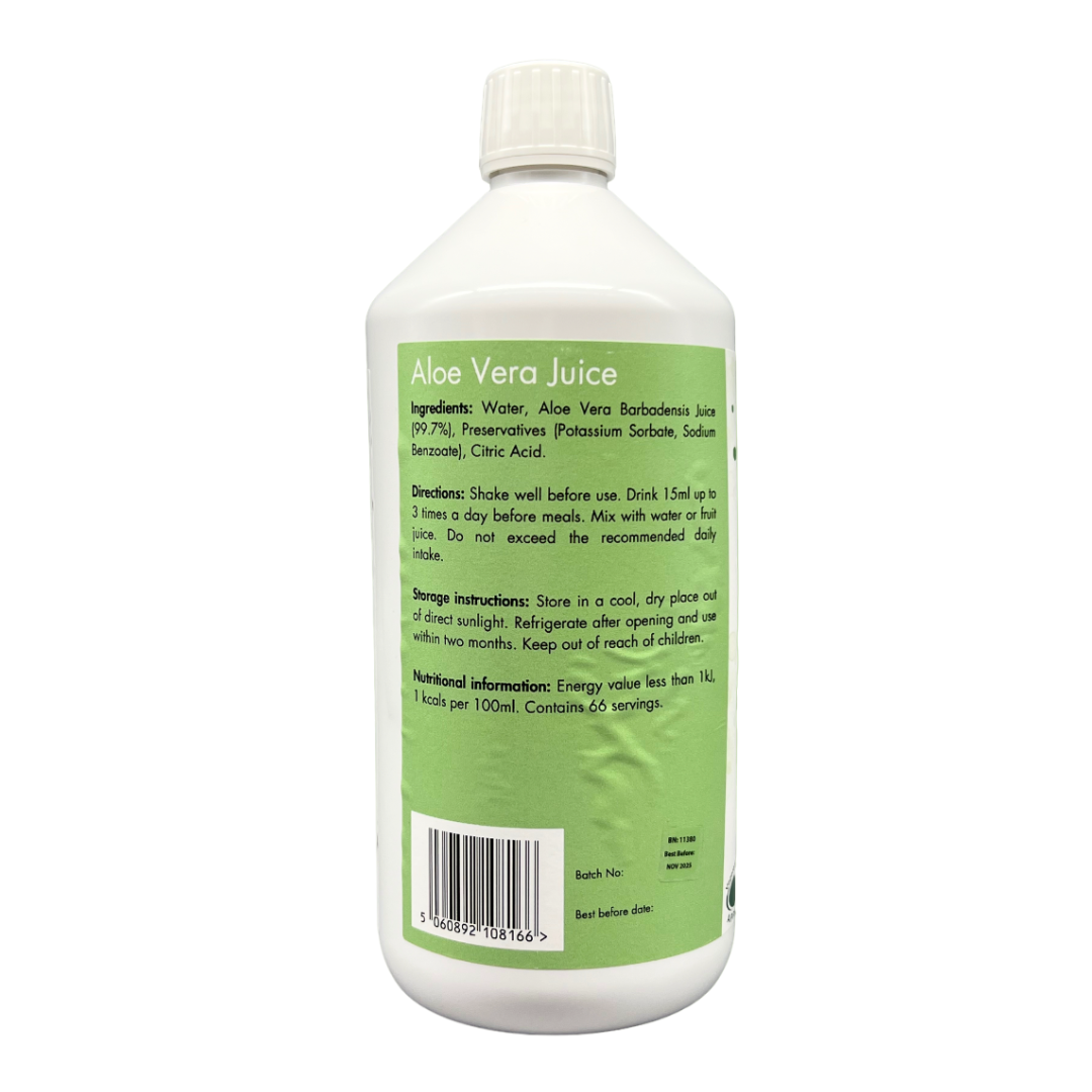 AloePro Aloe Vera Juice 1000ml bottle with green label displaying ingredients and nutrition facts