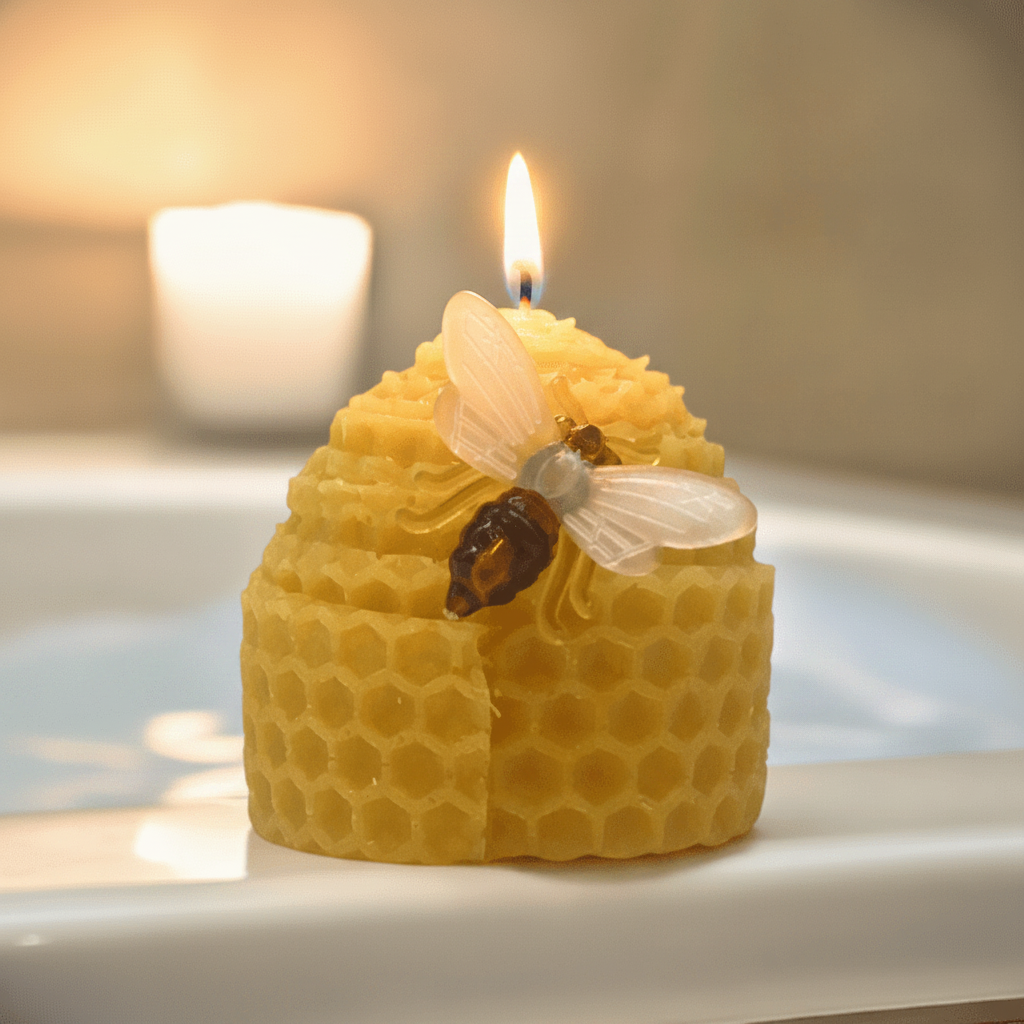 Bee Happy Candles honeycomb beehive design pure beeswax candle UK with decorative bee ideal for gifts and home decor