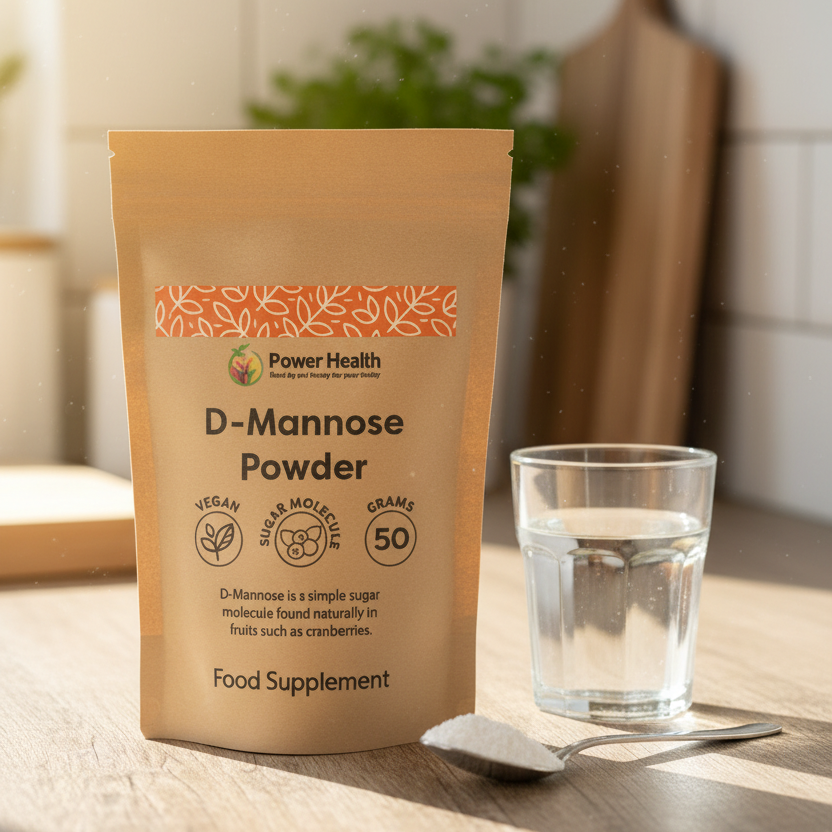 Power Health D-Mannose Powder package surrounded by cranberries on a white background