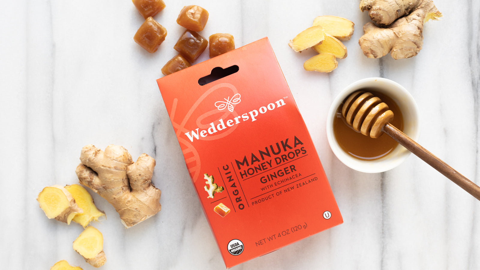 Wedderspoon Natural Manuka Honey Drops Ginger (20 Drops per box)