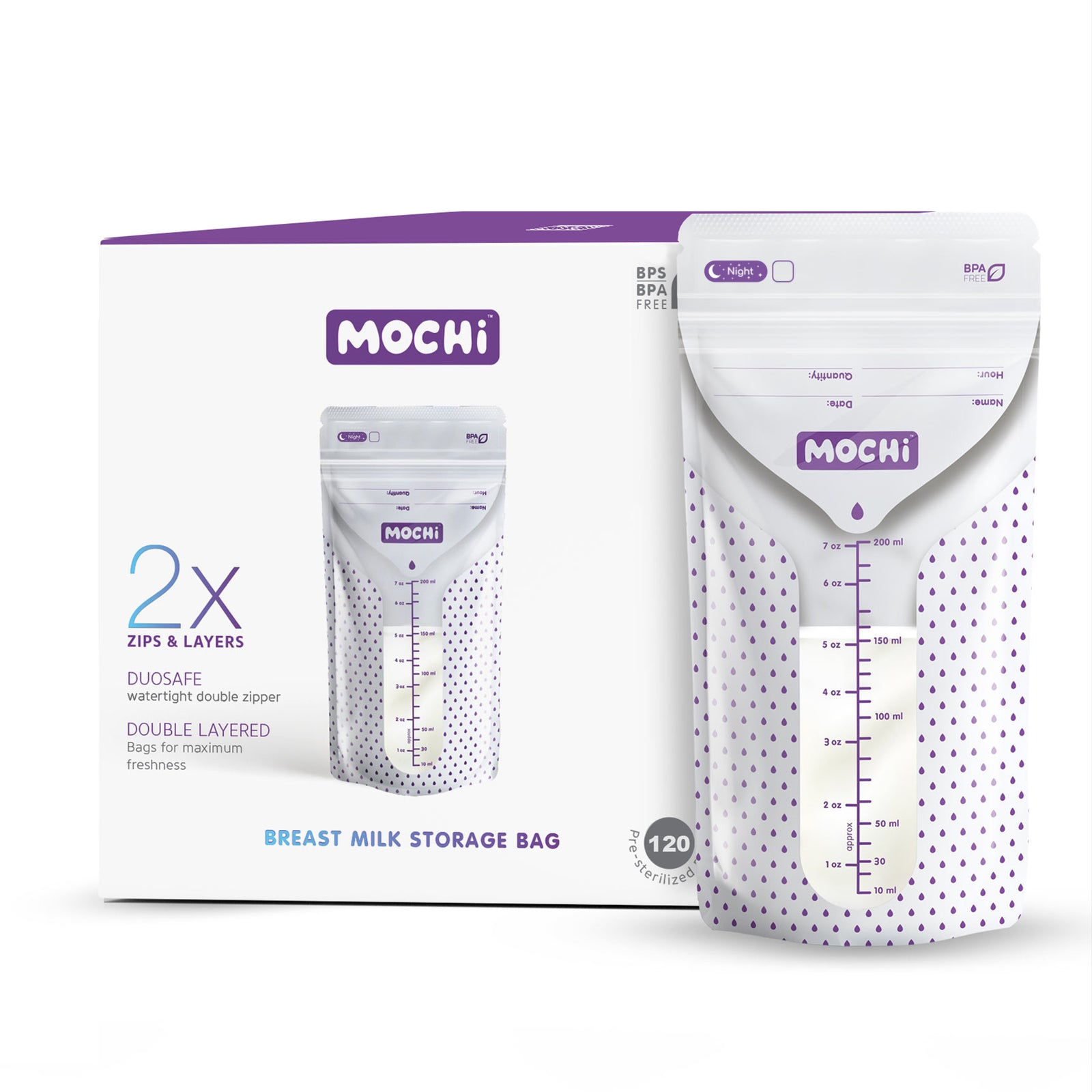 MOCHi Breast Milk Storage Bags with double layered design and watertight double zipper pack of 120