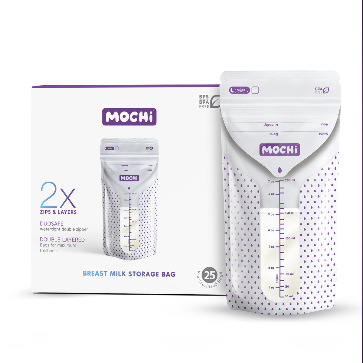 MOCHi Breast Milk Storage Bags with double layered watertight double zipper pack of 25