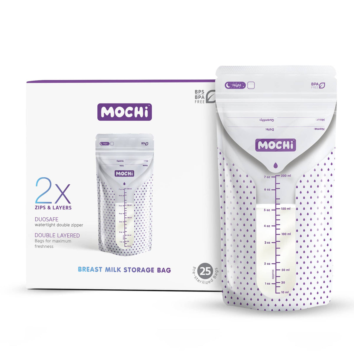 MOCHi Breast Milk Storage Bags with double layered watertight double zipper pack of 25