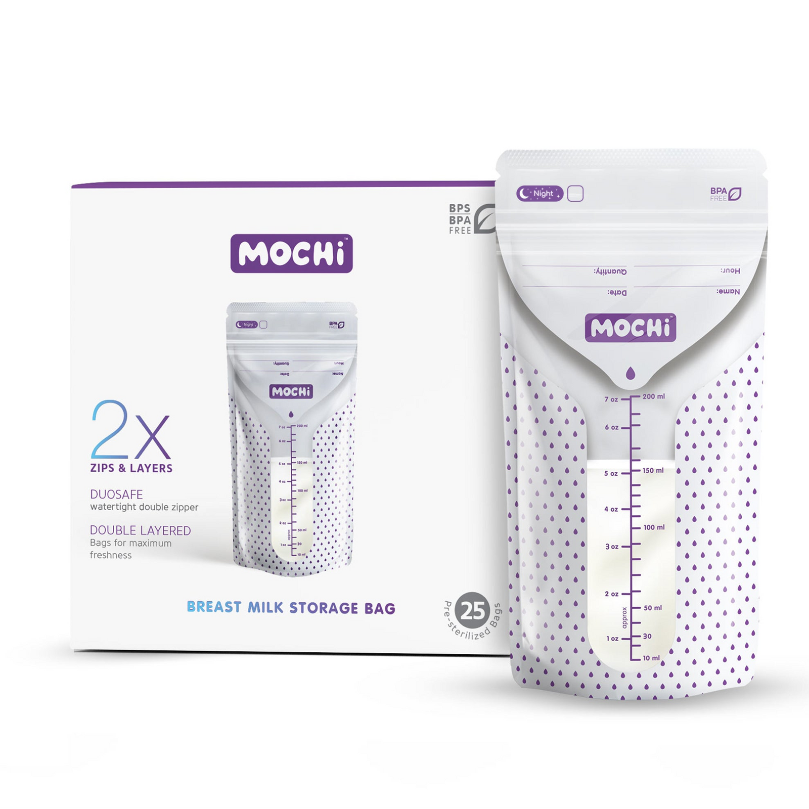 MOCHi Breast Milk Storage Bags with double layered watertight double zipper pack of 25