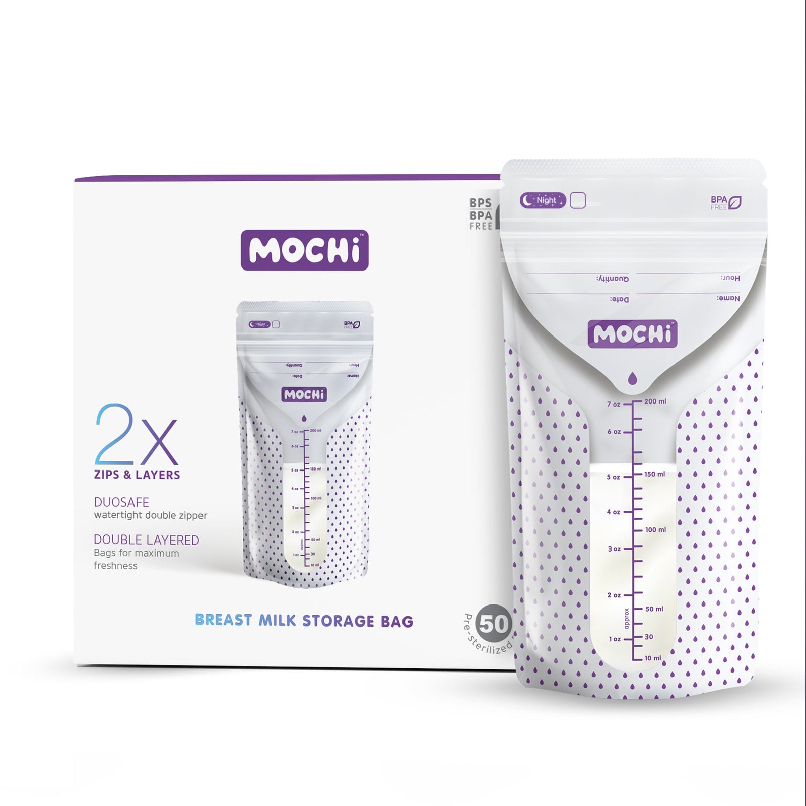 MOCHi Breast Milk Storage Bags pack with double layered, watertight double zipper for safe milk storage Pack of 50