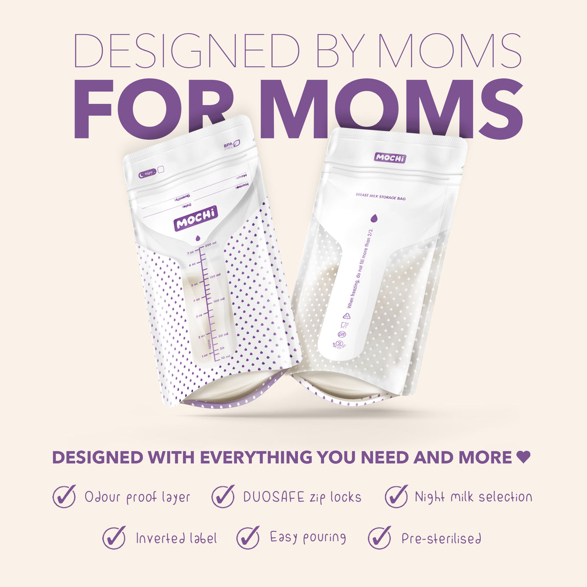 Two MOCHi Breast Milk Storage Bags with measurement labels and zip locks by Natural Health World UK