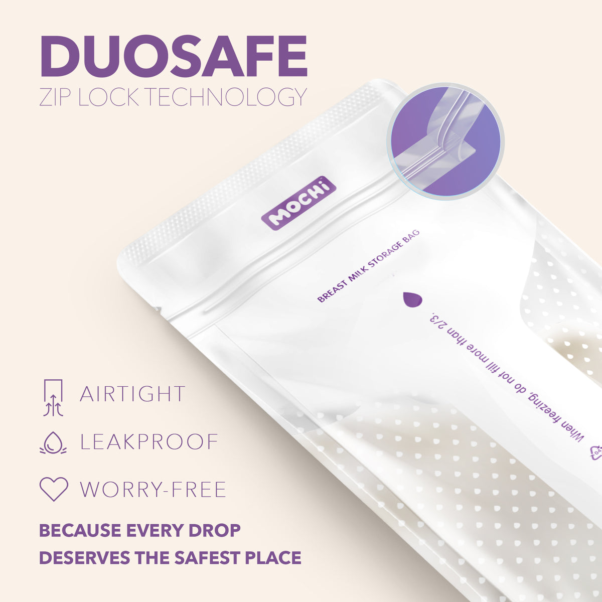 MOCHi Breast Milk Storage Bags with Duosafe zip lock technology airtight and leakproof