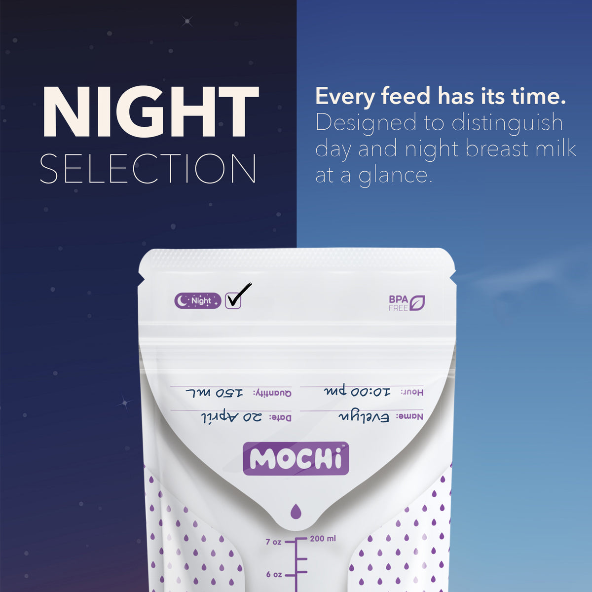 MOCHi Breast Milk Storage Bags night selection design with measurement markings and BPA free label