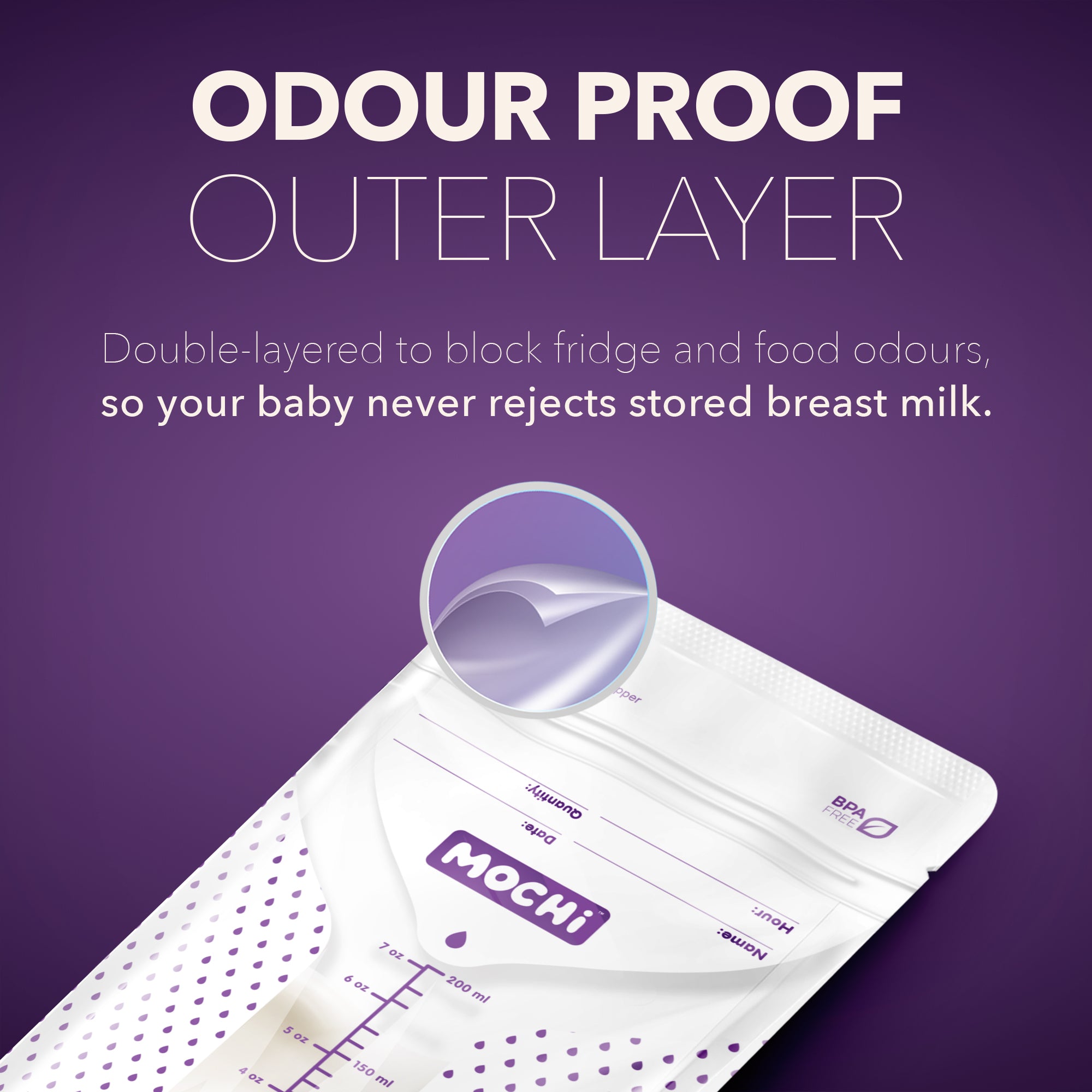 MOCHi Breast Milk Storage Bags with odour proof outer layer to keep breast milk fresh