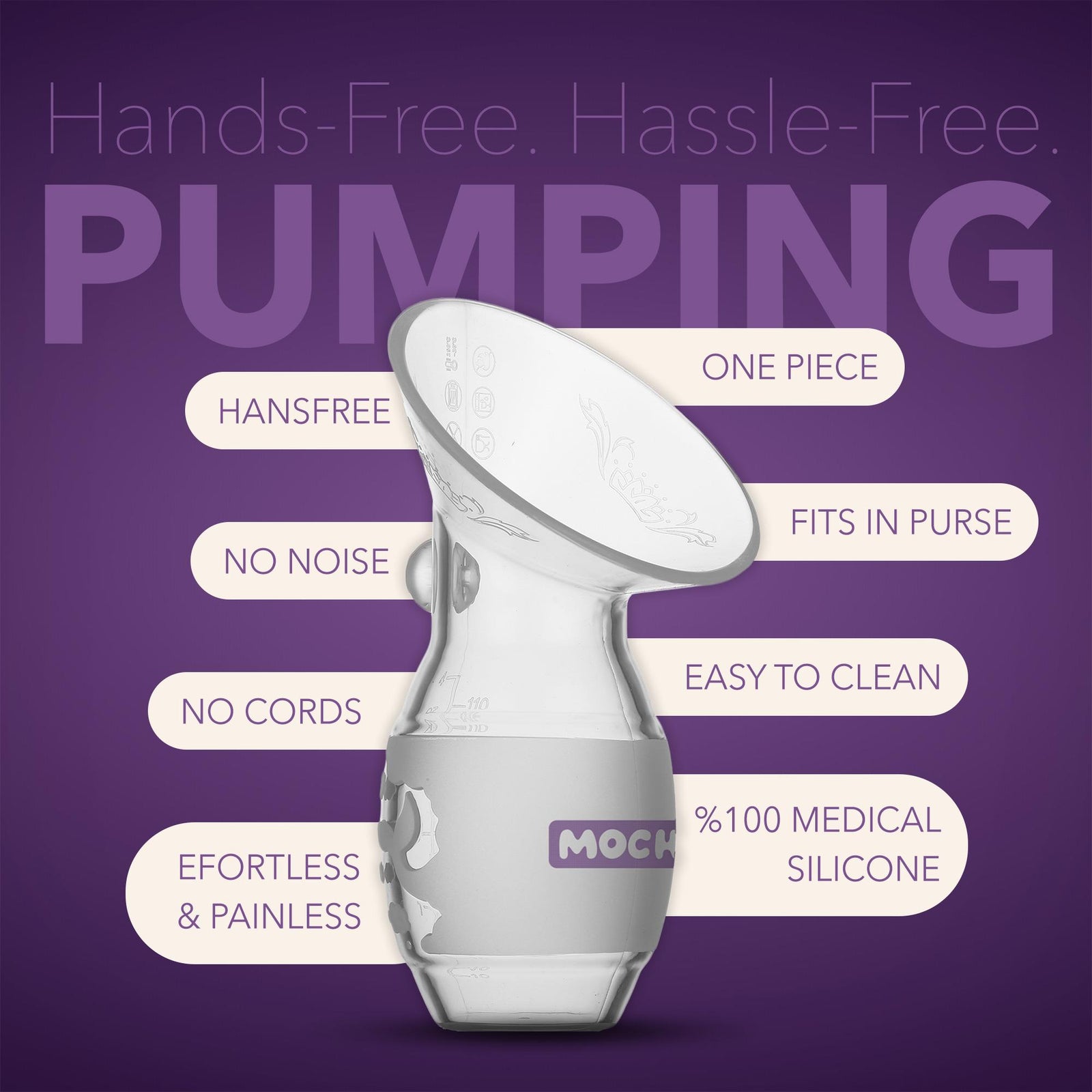 Mochi manual breast pump designed for hands-free and hassle-free pumping, made from 100% medical silicone