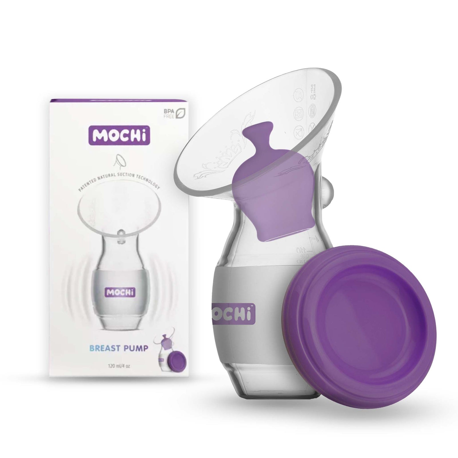 Mochi manual breast pump in purple with ergonomic design and packaging for easy breastfeeding