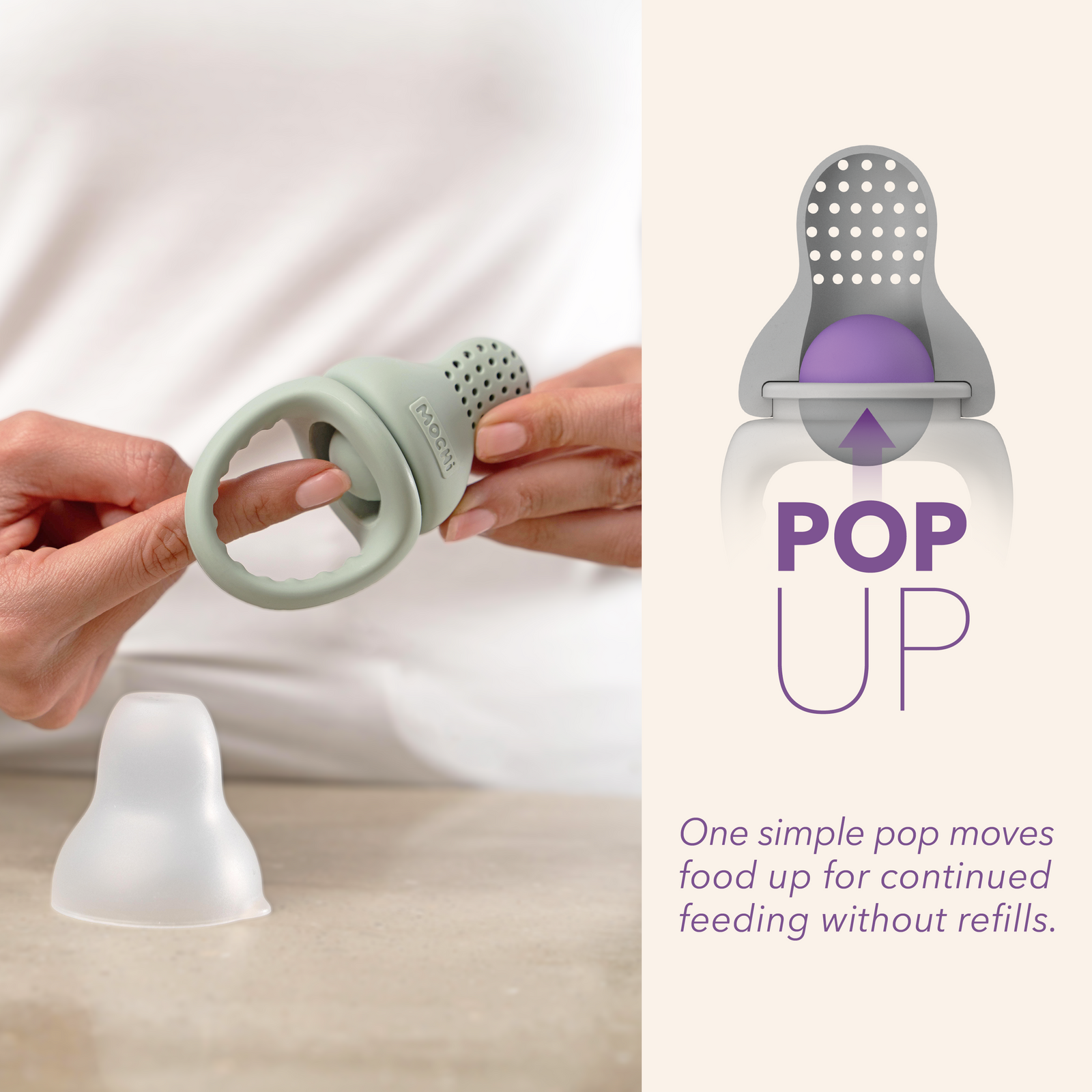 MOCHi Pop-Up Feeder for Babies Food Grade Silicone held in hand with protective cover on table