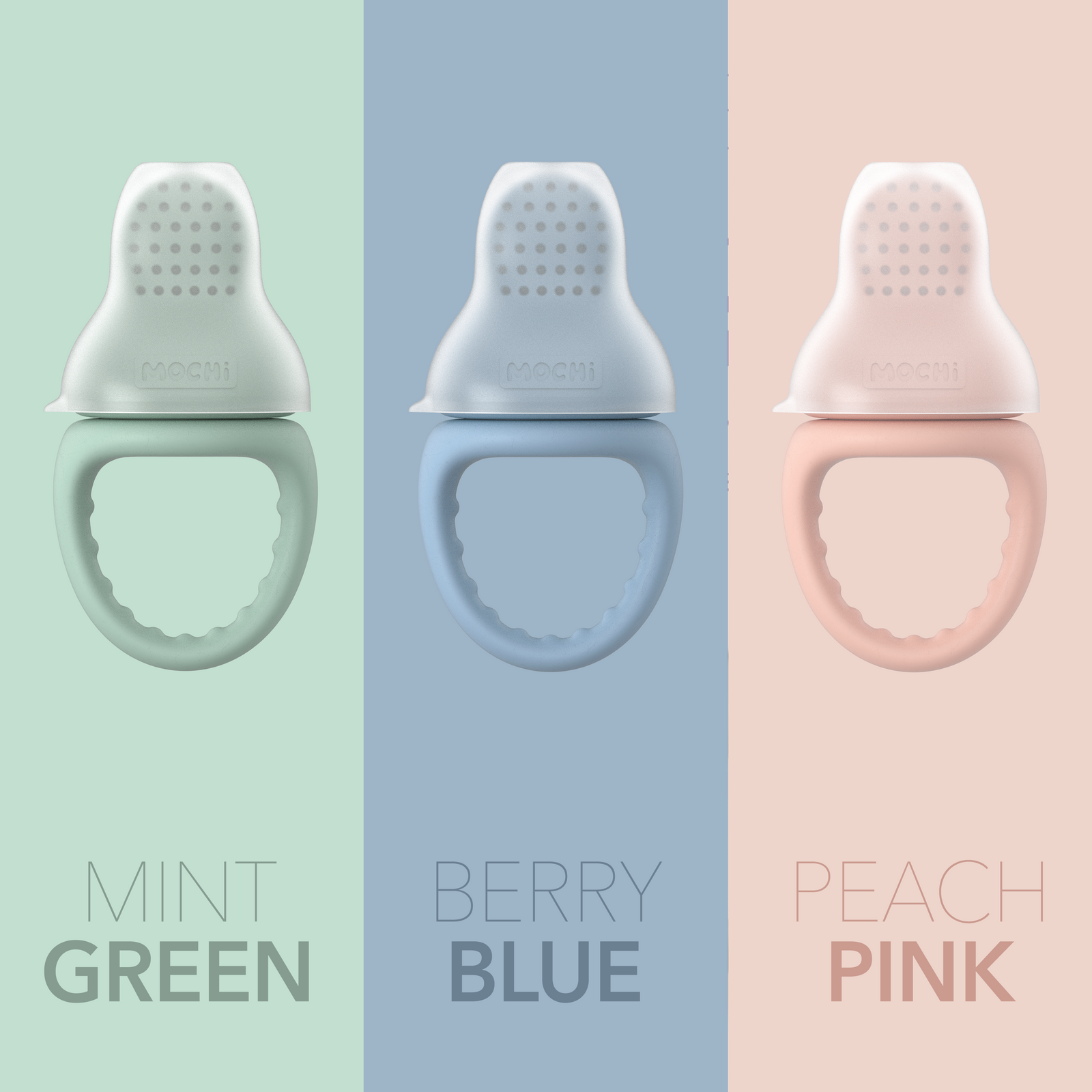 MOCHi Pop-Up Feeder for Babies Food Grade Silicone in mint green berry blue and peach pink colours