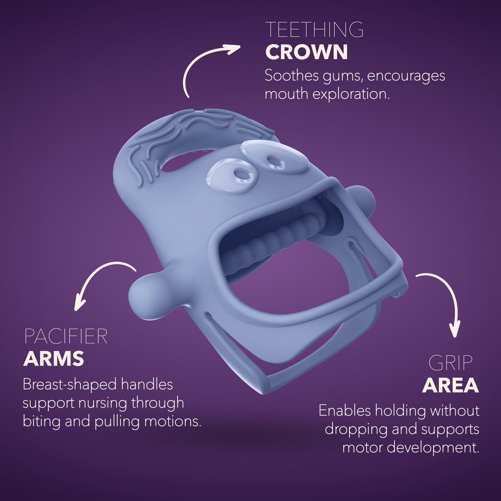 MOCHi teether for babies featuring a teething crown, pacifier arms, and a grip area for enhanced motor development