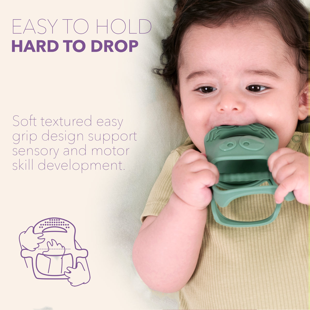 Baby using the MOCHi teether for babies with easy grip design to support sensory development