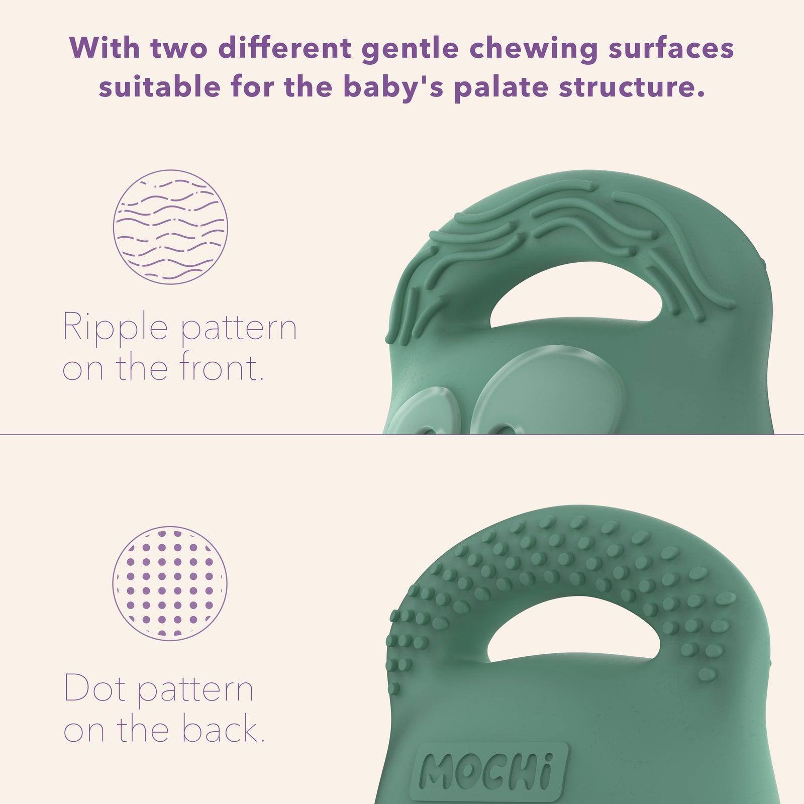 MOCHi teether for babies featuring a ripple pattern on the front and dot pattern on the back