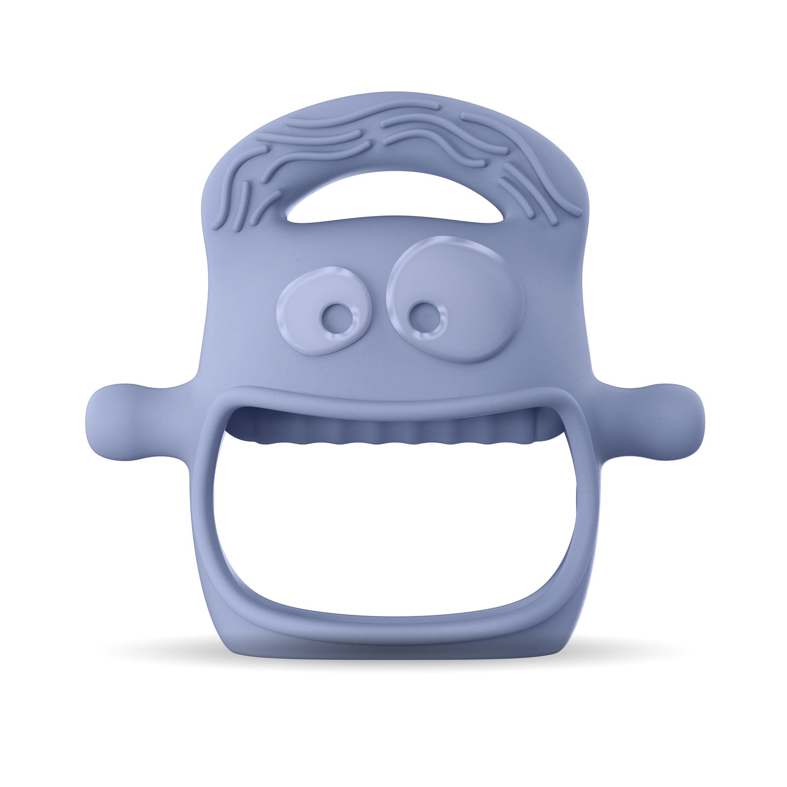 MOCHi teether for babies in light blue with a fun face design for easy gripping and soothing gums