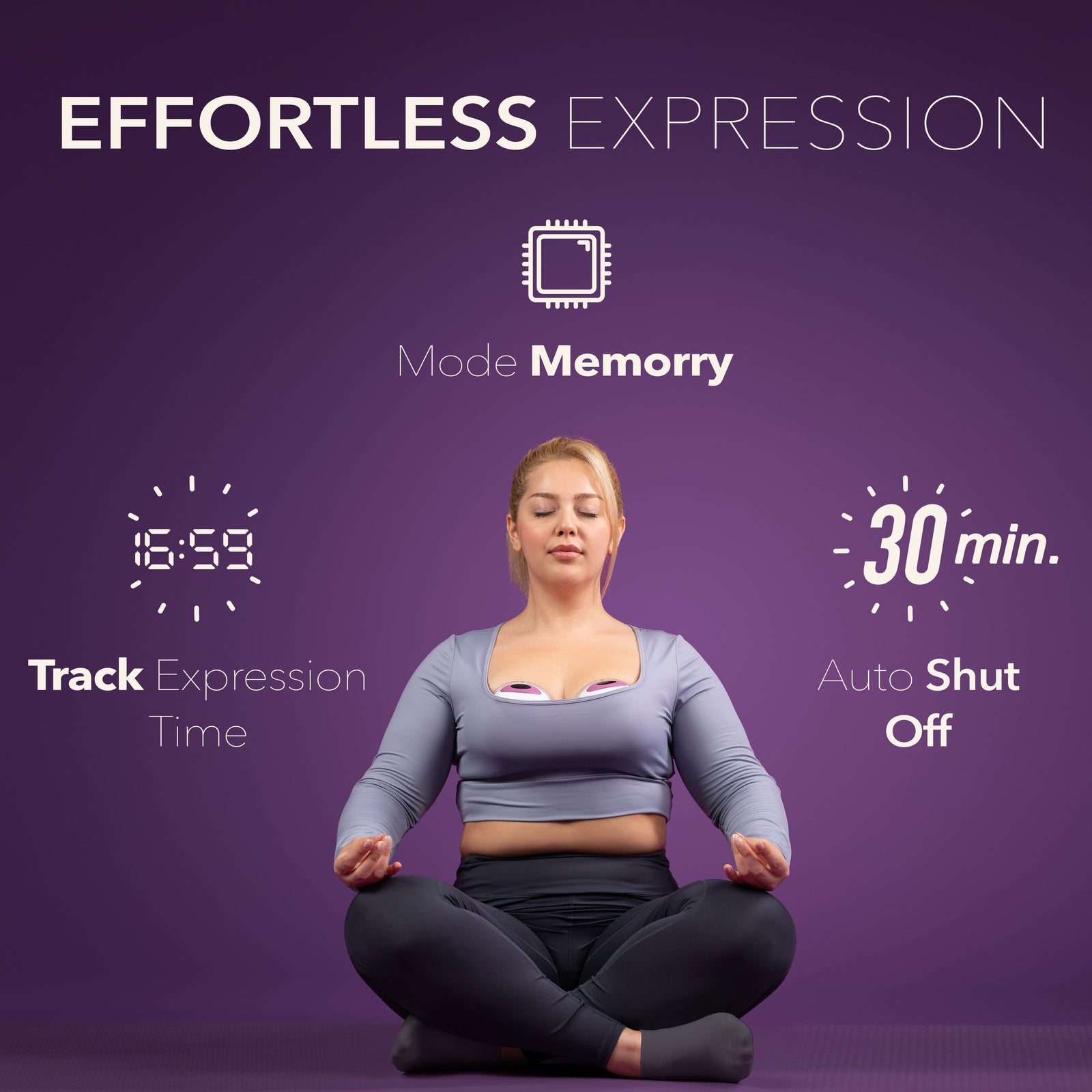 Woman meditating wearing MOCHi wearable breast pump showing memory mode and auto shut off features